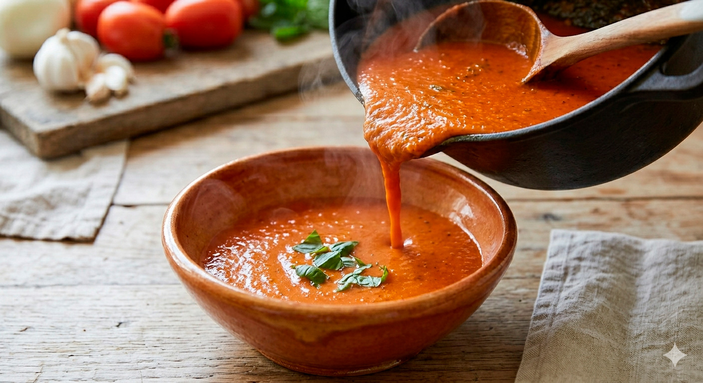 Sirviendo la sopa de tomate rostizado y albahaca fresca irresistible en tazón rústico