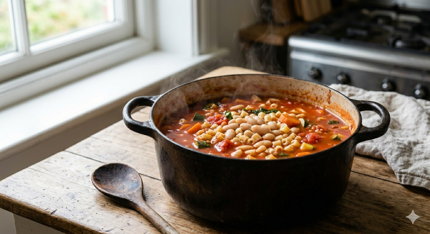 Sopa minestrone con verduras de temporada hirviendo con pasta ditalini, fase final de cocción