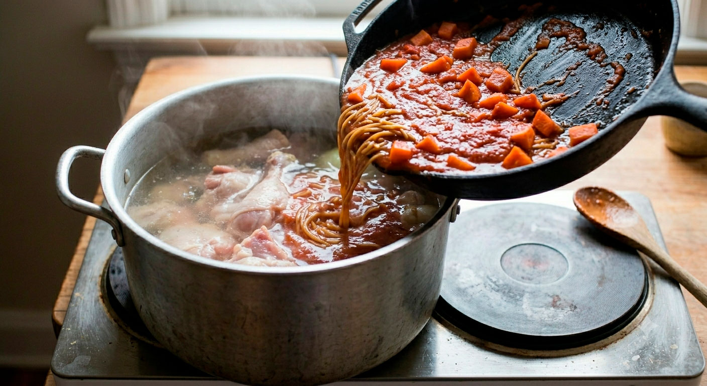 Vertiendo caldo de pollo sobre fideos con jitomate en cazuela, fase final de la sopa de fideos