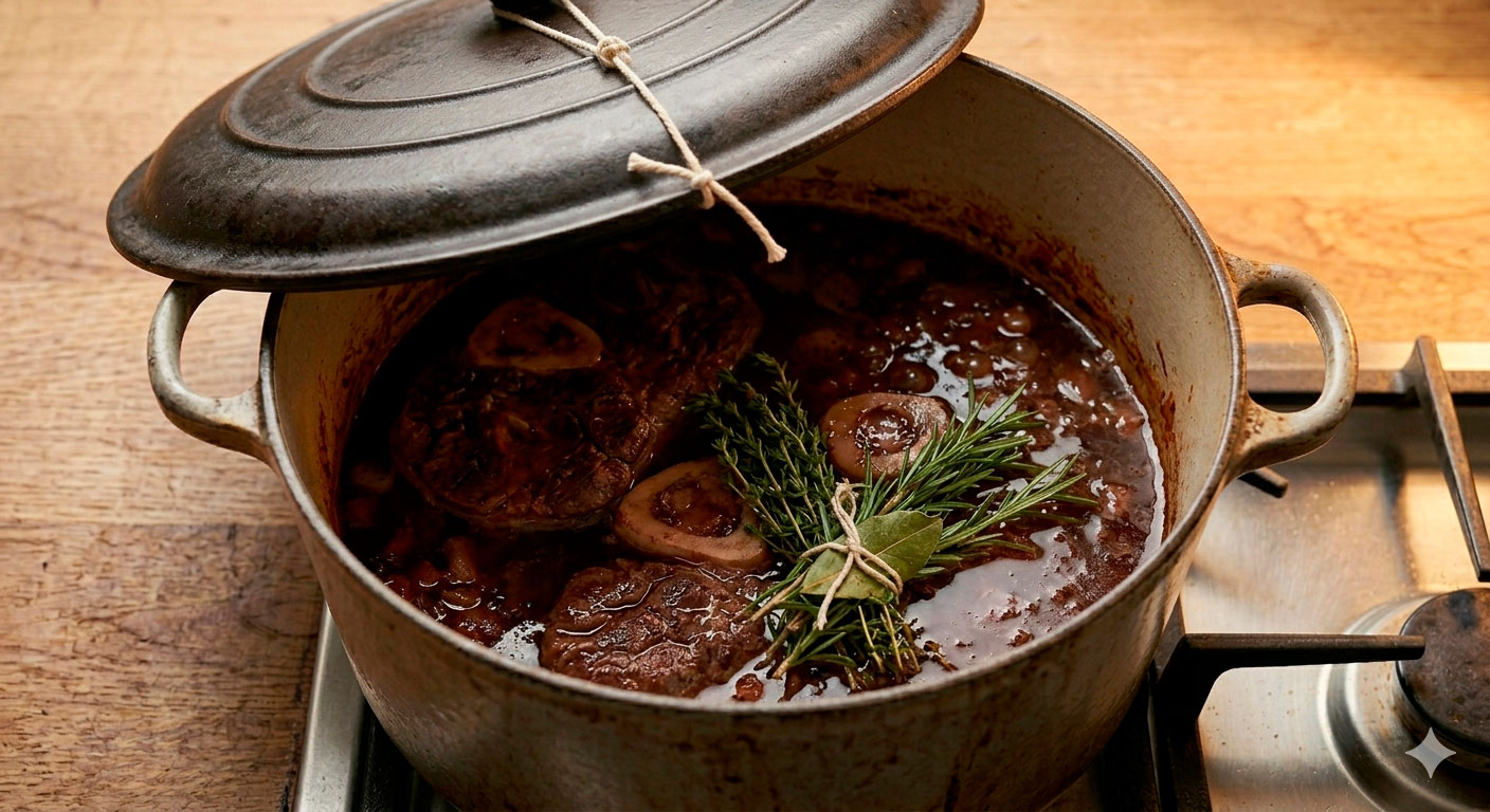 Estofado lento del ossobuco al vino tinto con bouquet garni en cazuela tapada