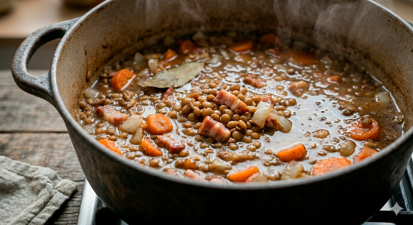 Sopa de lentejas casera con tocino en proceso de cocción lenta a fuego mínimo