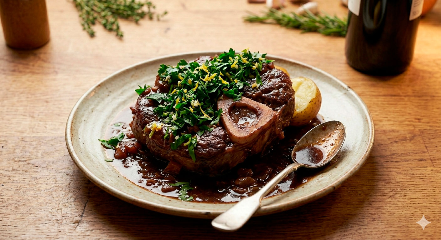 Ossobuco al vino tinto con gremolata irresistible en su presentación final y reposo