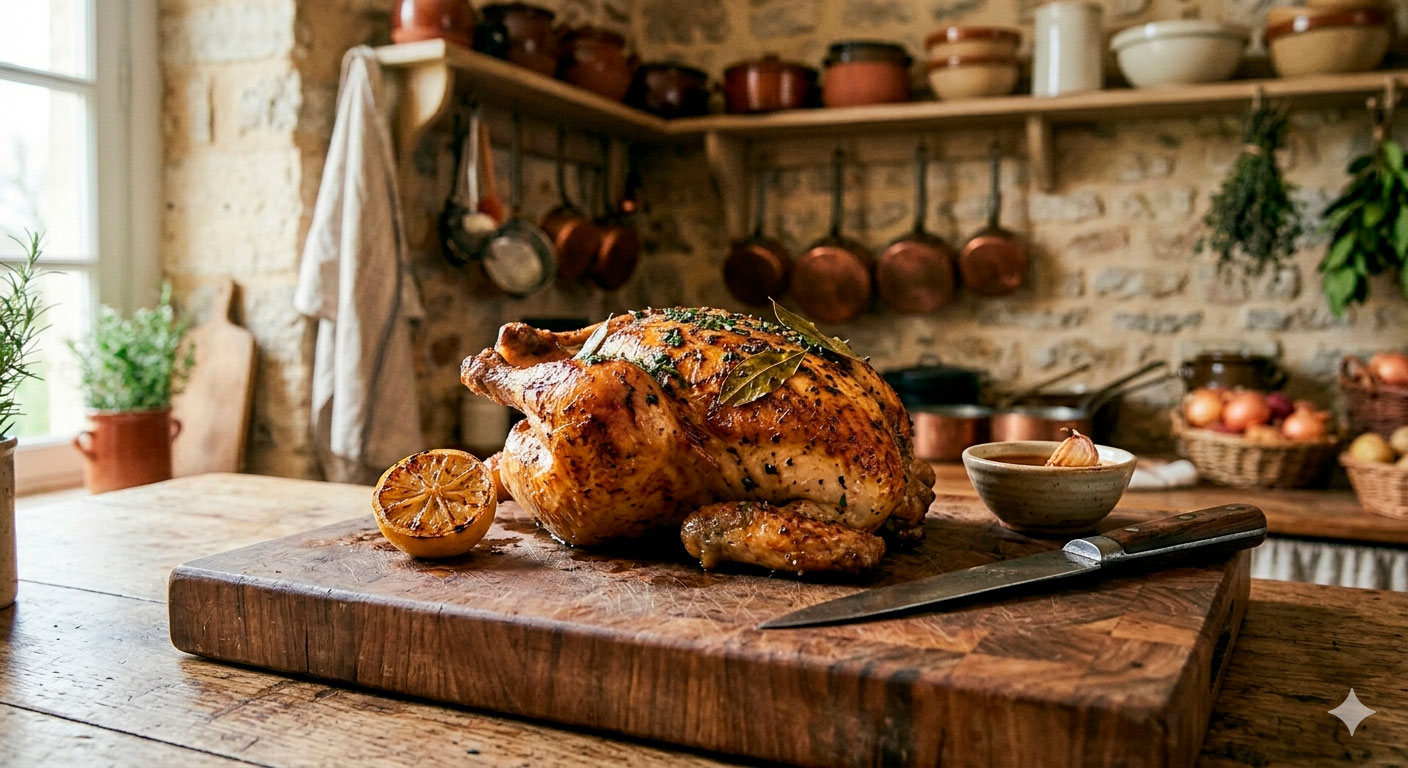 Pollo asado con mantequilla de hierbas nutritivo y balanceado, reposando sobre tabla de cortar