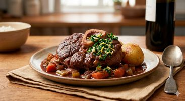 Un primer plano de un plato de cerámica rústica que contiene un trozo de ossobuco de ternera tierno, cubierto con salsa de vino tinto oscuro y verduras estofadas (zanahorias y cebollas visiblemente imperfectas). Encima, una generosa capa de gremolata de perejil, limón y ajo picado a mano. Un cuchillo y un tenedor descansan sobre un paño de lino rústico al lado del plato, sobre una mesa de madera desgastada.