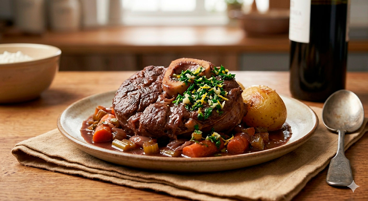 Platillo final de ossobuco al vino tinto con gremolata irresistible listo para servir