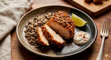 Una toma cenital y artística de una pechuga de pollo con costra dorada de pepitas, cortada en rodajas gruesas y desiguales para mostrar un interior blanco y jugoso. Está servida sobre una cama de arroz silvestre oscuro en un plato de cerámica artesanal. Al lado, hay una porción de crema con una pizca de pimentón y una rodaja de lima fresca. La iluminación es cálida y resalta la textura crujiente de las semillas.