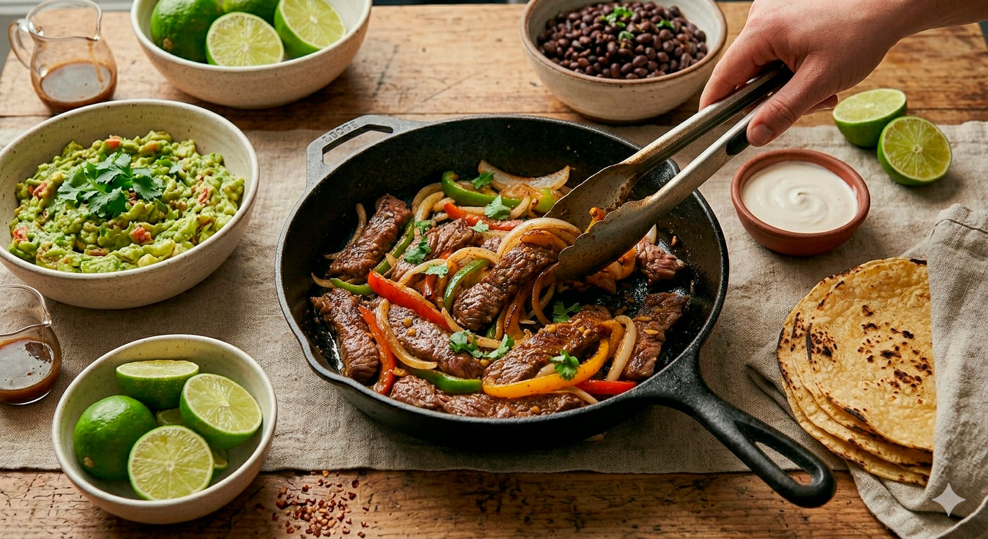 Presentación familiar de fajitas de res con salsa inglesa y acompañamientos clásicos