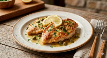 Una toma de comida bellamente iluminada de Piccata de Pollo servida en un plato de cerámica rústica sobre una mesa de madera. Dos filetes de pollo dorados están cubiertos con una salsa sedosa de limón y alcaparras, espolvoreados con perejil fresco y decorados con rodajas finas de limón. Cubiertos con mangos de madera descansan cerca.