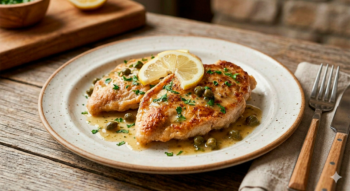 Una toma de comida bellamente iluminada de Piccata de Pollo servida en un plato de cerámica rústica sobre una mesa de madera. Dos filetes de pollo dorados están cubiertos con una salsa sedosa de limón y alcaparras, espolvoreados con perejil fresco y decorados con rodajas finas de limón. Cubiertos con mangos de madera descansan cerca.