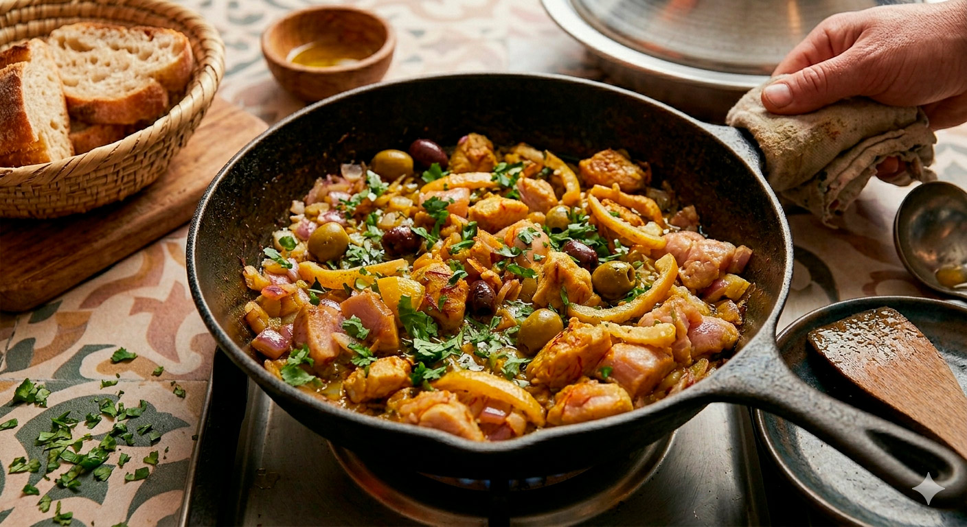 Una toma de ángulo bajo centrada en la sartén de hierro fundido negra y ancha, llena del tajine de pollo terminado. El guiso es espeso y dorado, con trozos de pollo de corte irregular y caramelizado, abundantes tiras de limón encurtido y una mezcla generosa de aceitunas verdes y moradas. La superficie está cubierta por cilantro fresco finamente picado. Un trozo de pan rústico y crujiente está a la izquierda, y una cuchara de madera gastada está a la derecha, sobre una encimera de azulejos decorativos estampados.