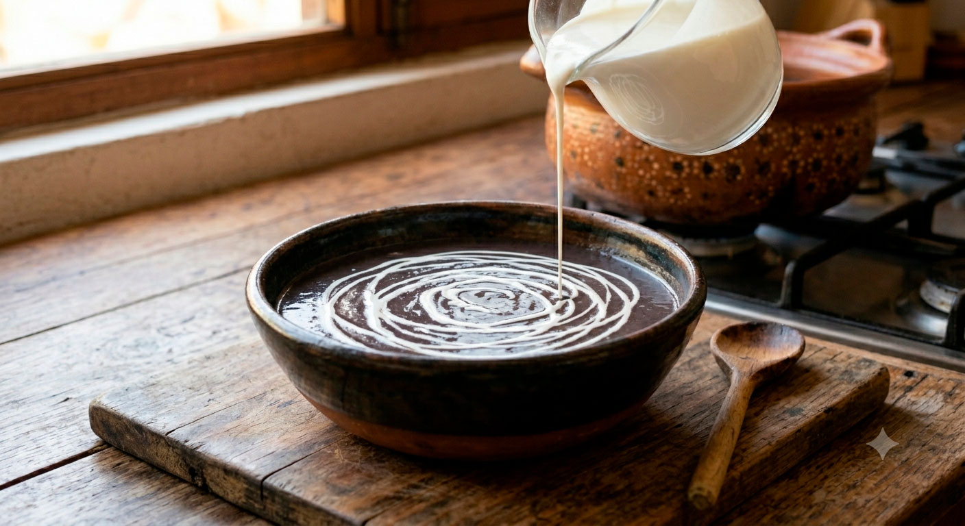 presentación irresistible de crema de frijol negro con hilos de crema agria lista para servir