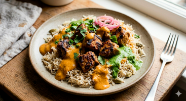 A rustic ceramic plate with deeply caramelized and browned marinated chicken cubes, served over fluffy basmati rice, with a drizzle of green chutney and fresh cilantro. The atmosphere is cozy with natural light.