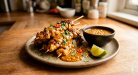 Presentación final irresistible de brochetas de pollo Satay con salsa de cacahuate, cilantro y lima