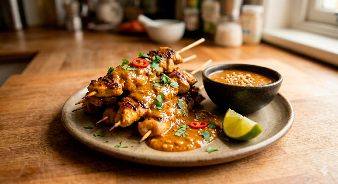 Presentación final de brochetas de pollo Satay con salsa de cacahuate irresistible