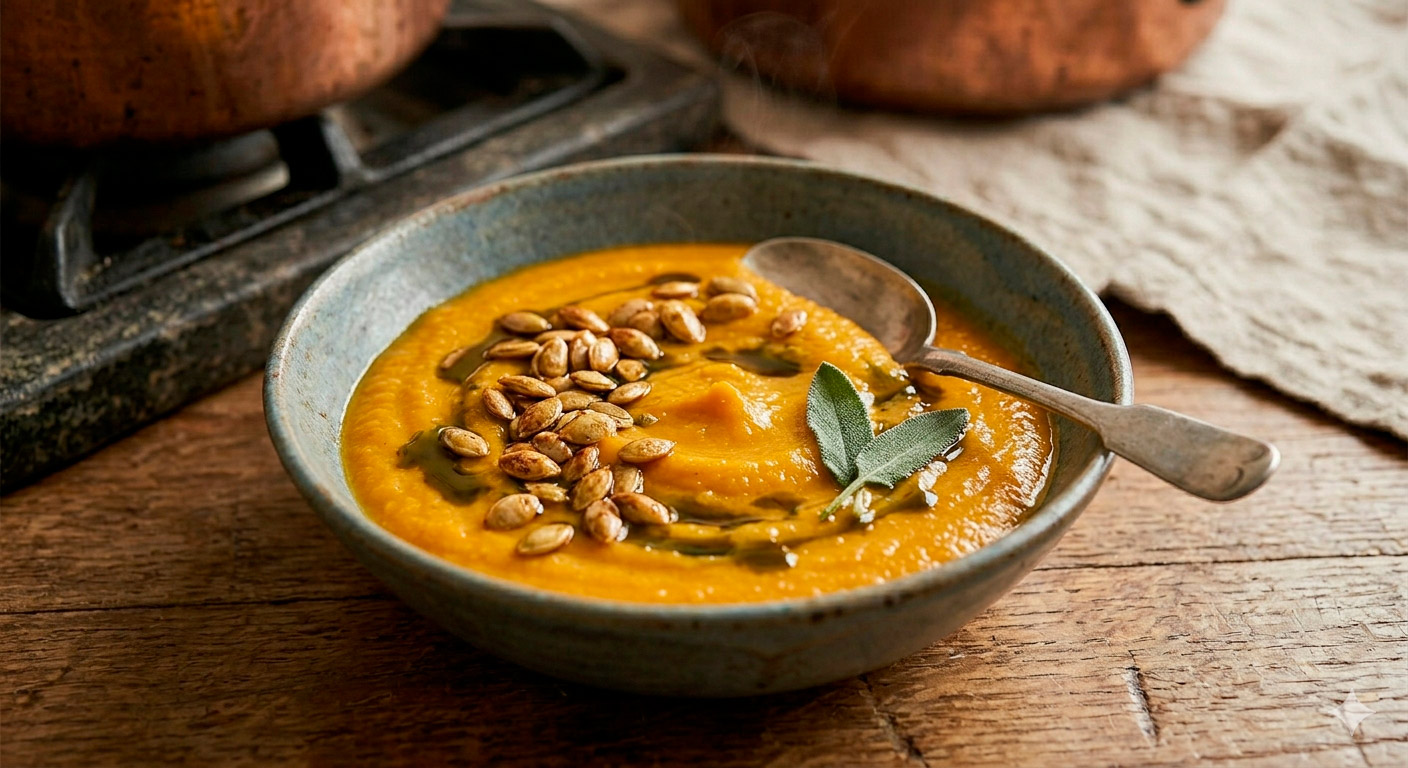 Un cuenco de cerámica oscura y rústica con bordes imperfectos está lleno de una rica y aterciopelada crema de calabaza de color naranja brillante. Está artísticamente decorado con una generosa dispersión de pepitas de calabaza de Castilla doradas y tostadas, un remolino de crema fresca blanca y unas gotas de aceite de pepita de calabaza verde oscuro. El cuenco descansa sobre un paño de lino rústico sobre la mesa de madera desgastada, con una cuchara de plata vintage sumergida. El fondo es un desenfoque cálido de la cocina.