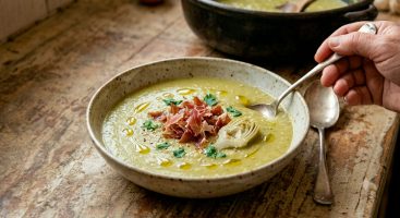 Un primer plano de un tazón de cerámica artesanal lleno de crema de alcachofa de color verde oliva suave, decorado con gotas de aceite de oliva y un montón irregular de virutas de jamón crujiente e imperfecto. Un corazón de alcachofa cocido y perejil fresco tornan completan el emplatado sobre una mesa de madera rústica, con una cuchara antigua de plata al lado.