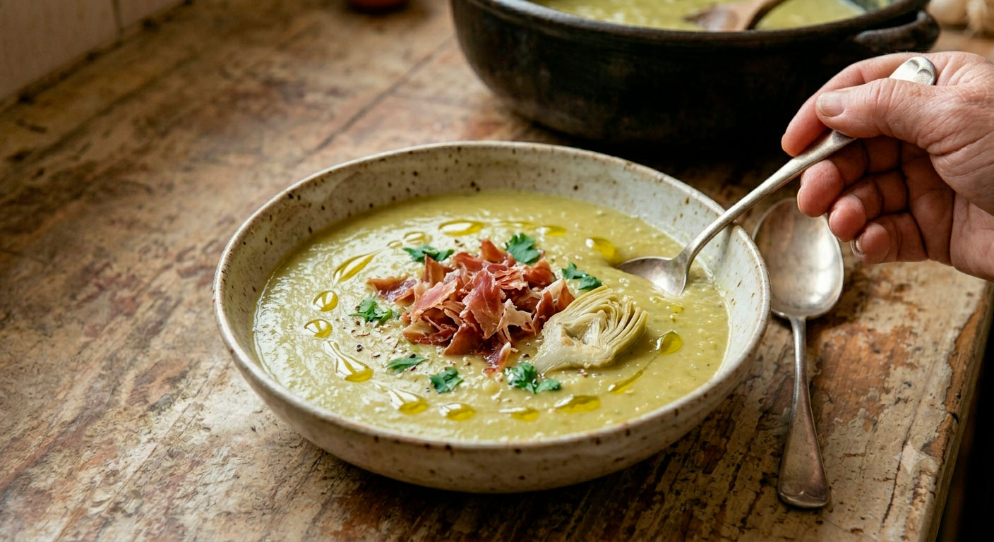 Crema de Alcachofa Cremosa con Virutas de Jamón casera irresistible recién preparada