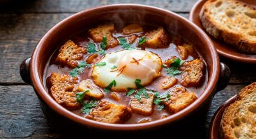 Una sopa de ajo tradicional servida en un cuenco hondo de barro cocido, mostrando trozos de pan rústico frito, láminas de ajo dorado, perejil fresco espolvoreado y un huevo perfectamente escalfado en el centro decorado con unas hebras de azafrán, todo sobre una mesa de madera oscura con pan tostado a los lados.