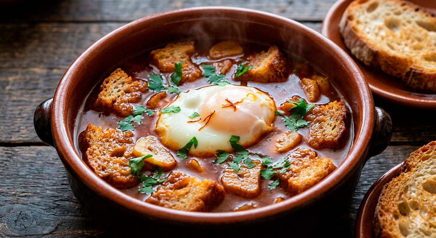 Classic irresistible garlic soup with fried bread and poached egg served in a clay pot
