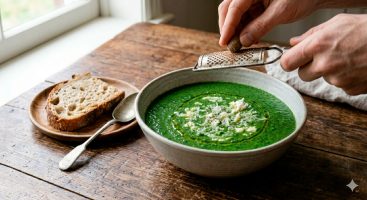 A close-up photograph of an artisanal ceramic bowl filled with creamy, vibrant green spinach soup. It is garnished with natural ricotta flakes, a drizzle of olive oil, grated Parmesan, and black pepper. A hand holds a small grater over the bowl, adding fresh nutmeg. A piece of rustic bread and a spoon are on a side plate on a worn wooden table.