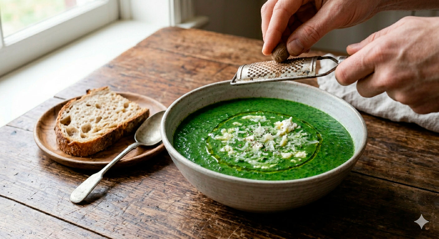 A close-up photograph of an artisanal ceramic bowl filled with creamy, vibrant green spinach soup. It is garnished with natural ricotta flakes, a drizzle of olive oil, grated Parmesan, and black pepper. A hand holds a small grater over the bowl, adding fresh nutmeg. A piece of rustic bread and a spoon are on a side plate on a worn wooden table.