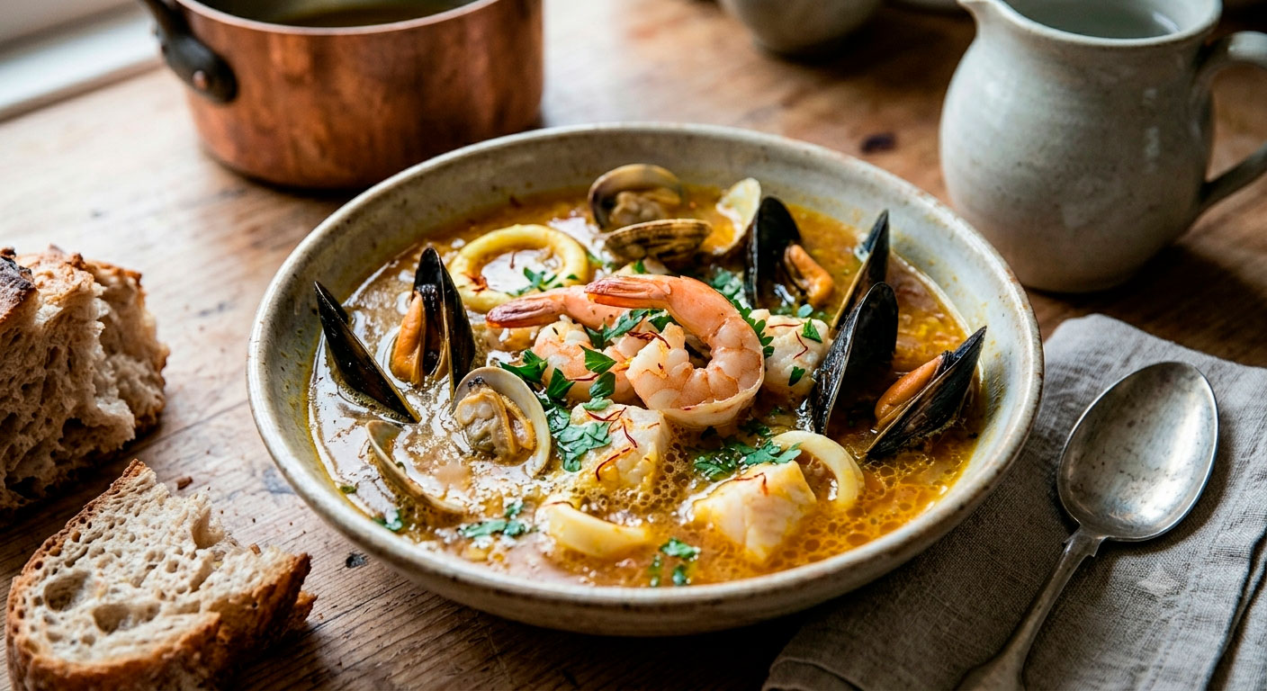 Un primer plano de un cuenco de cerámica rústico y artesanal lleno de sopa de mariscos dorada. Mariscos abiertos como mejillones, almejas, gambas y cubos de pescado irregulares flotan en el caldo azafranado. Perejil fresco picado está espolvoreado por encima. El cuenco está sobre una mesa de madera rústica.