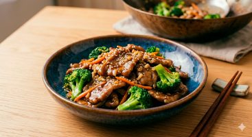 A close-up of a blue rustic ceramic bowl filled with glossy pork stir-fry and vibrant broccoli, topped with toasted sesame seeds. A pair of chopsticks rests nearby on a wooden table
