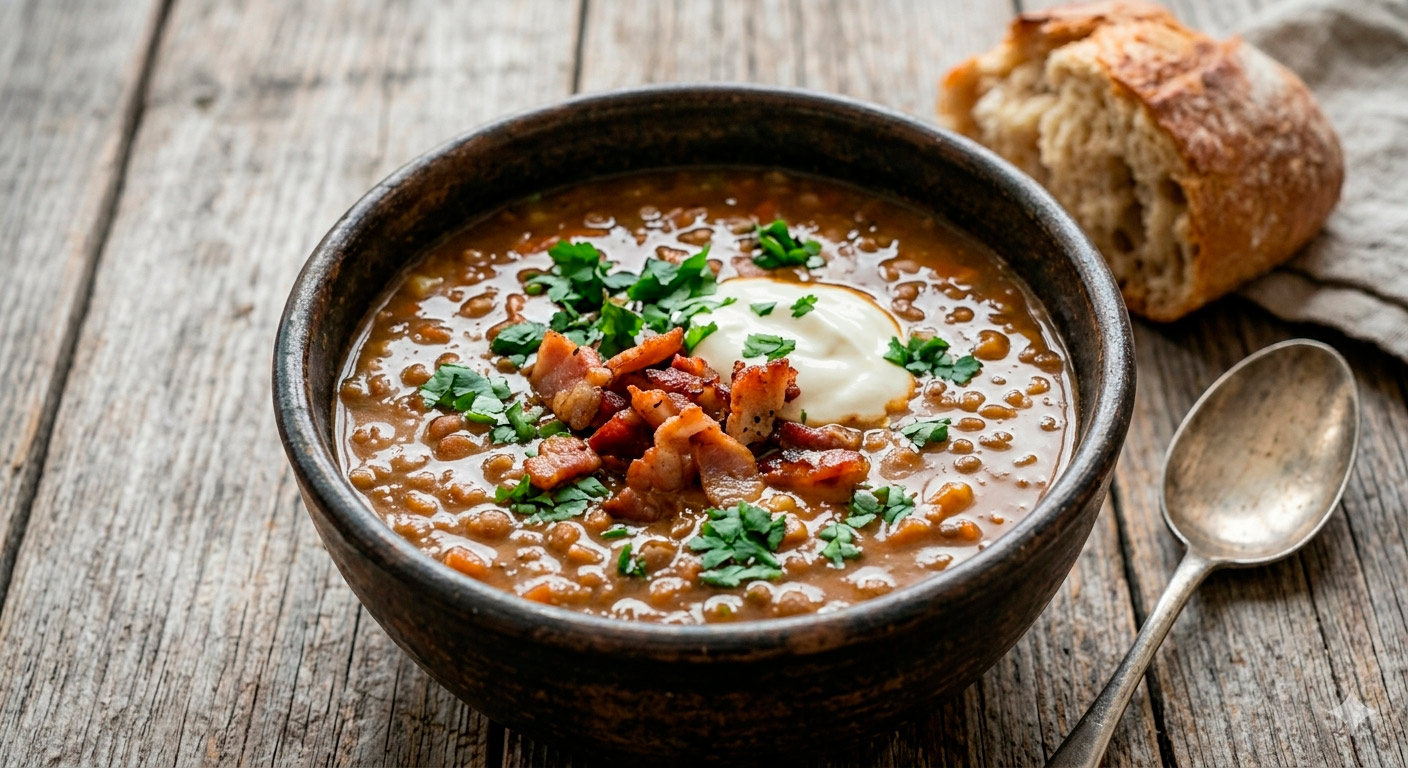 Sopa de lentejas casera con tocino crujiente nutritiva y balanceada, lista para servir