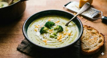 Vista superior en ángulo de un tazón de cerámica oscura lleno de crema de brócoli y queso cheddar de textura sedosa. Decorado en el centro con tres floretes de brócoli de color verde brillante, un remolino de crema láctea, queso cheddar rallado y pimienta negra molida. Al lado, una rebanada de pan rústico tostado e irregular sobre un paño oscuro. En el fondo difuminado se observa la olla de cocción y un rallador metálico.