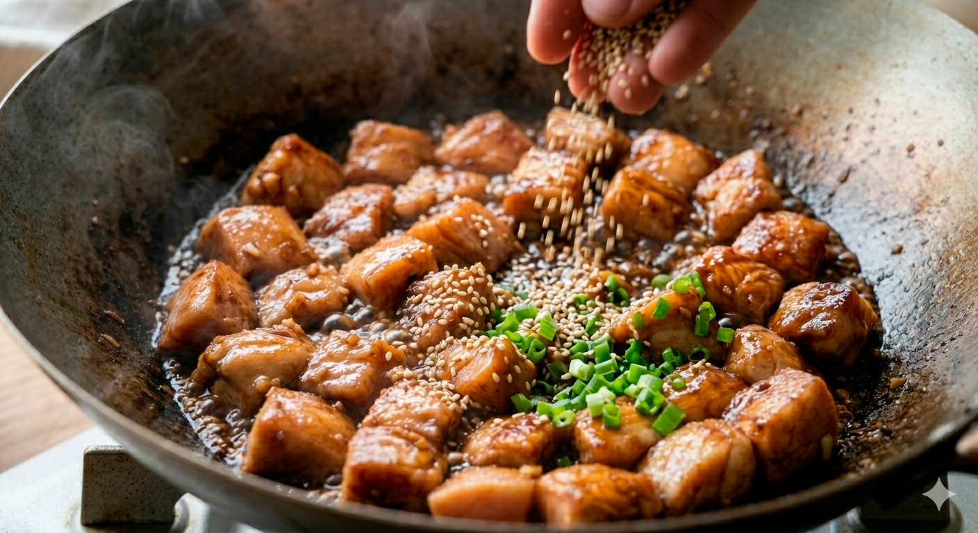Pollo teriyaki con sésamo y jengibre en fase final de cocción con salsa brillante