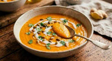 Primer plano de un tazón de cerámica artesanal con crema de camote y jengibre color naranja vibrante, decorada con un remolino de leche de coco, semillas de calabaza tostadas y hojas de cilantro fresco. Una cuchara vintage está sumergida en la crema. El fondo de madera rústica está desenfocado.