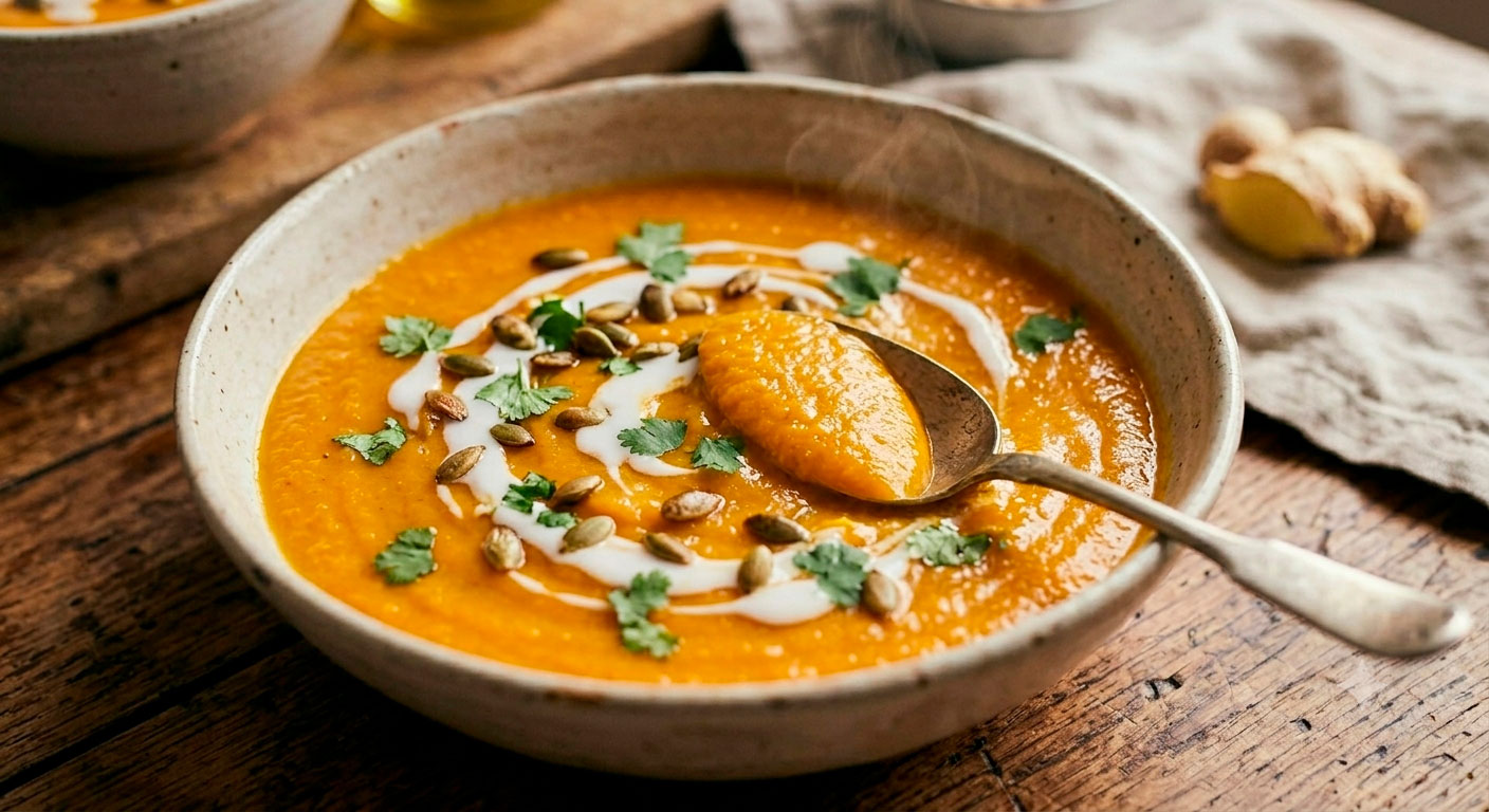 Primer plano de un tazón de cerámica artesanal con crema de camote y jengibre color naranja vibrante, decorada con un remolino de leche de coco, semillas de calabaza tostadas y hojas de cilantro fresco. Una cuchara vintage está sumergida en la crema. El fondo de madera rústica está desenfocado.