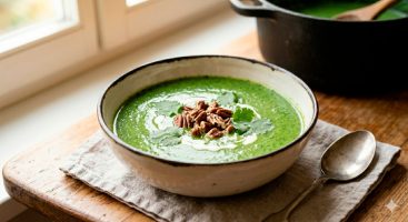 Un primer plano fotorrealista de un tazón de cerámica rústica lleno de una crema de cilantro suave y de color verde esmeralda profundo. El tazón está sobre una mesa de madera desgastada cerca de una ventana soleada. La superficie de la crema está decorada con "tropezones": un cúmulo central de nueces pecanas toscamente picadas, de formas naturales y desiguales; unas pocas hojas de cilantro fresco y entero; y un ligero remolino de crema agria blanca. Una cuchara de plata desgastada descansa sobre una servilleta de lino al lado. La luz natural ilumina la textura rica y deliciosa.