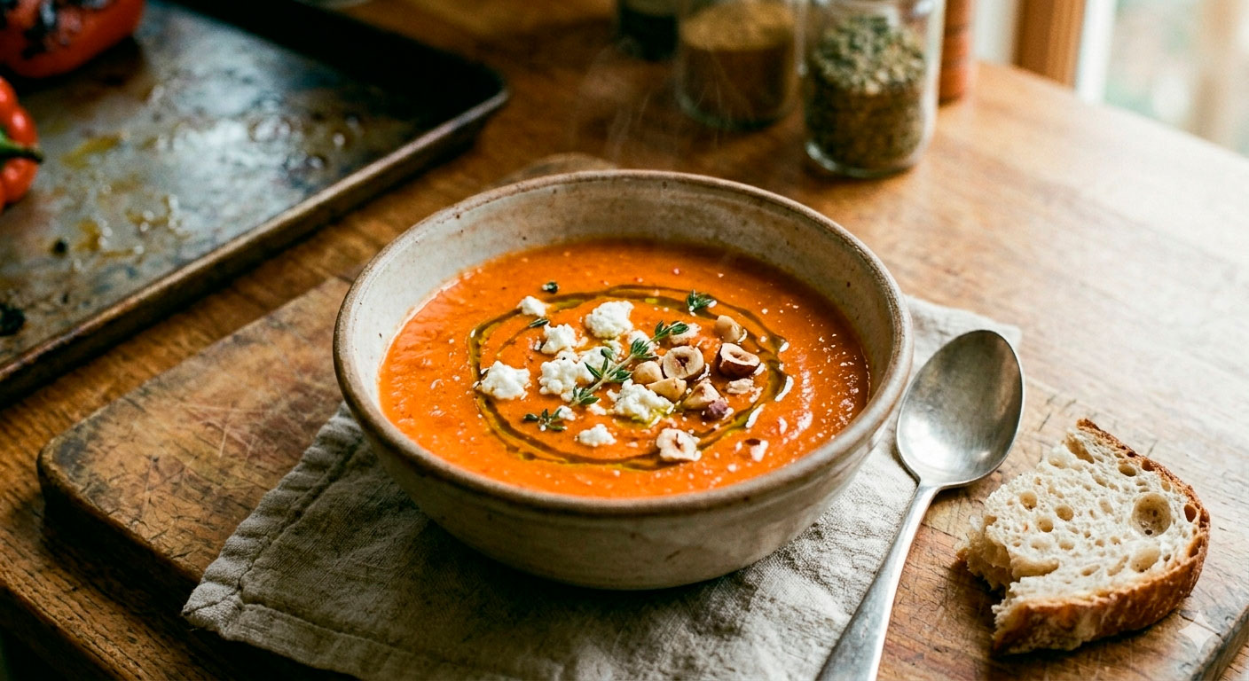 Vista de primer plano de un tazón rústico de cerámica con la aterciopelada crema de pimiento rojo asado y queso de cabra. La sopa tiene un color naranja rojizo rico y está adornada de forma imperfecta con desmoronamientos de queso de cabra fresco, un chorrito de aceite de oliva verde, hojas de tomillo orgánico y avellanas tostadas picadas de forma irregular. Un trozo de pan de masa madre rústico y desgarrado a mano reposa a un lado sobre una encimera de madera texturizada, que muestra marcas de desgaste natural. La luz natural ilumina la escena, resaltando las texturas contrastantes. El fondo está desenfocado. No hay texto visible.