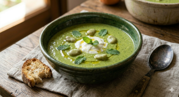 Un primer plano de un cuenco artesanal de cerámica verde oscuro que contiene la sopa de habas cremosa y vibrante. La sopa está decorada en el centro con un remolino de yogur griego, cuatro habas cocidas enteras y varias hojas frescas de menta. La mesa de madera rústica texturizada sirve de base, con una cuchara de metal desgastada y una rebanada de pan rústico tostado al lado. La luz natural ilumina la escena.