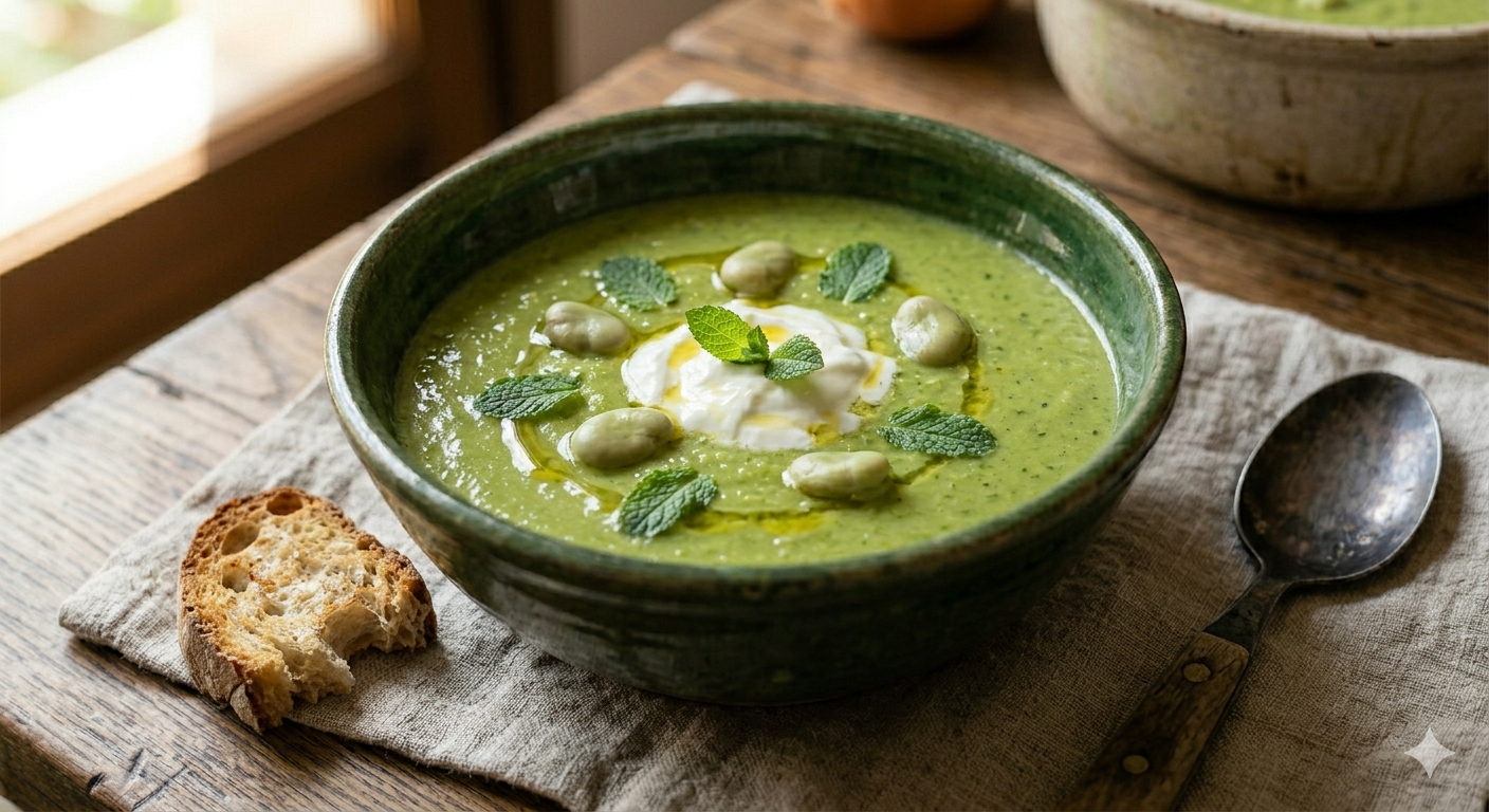 Presentación final de la sopa de habas tiernas con menta cremosa y yogur griego