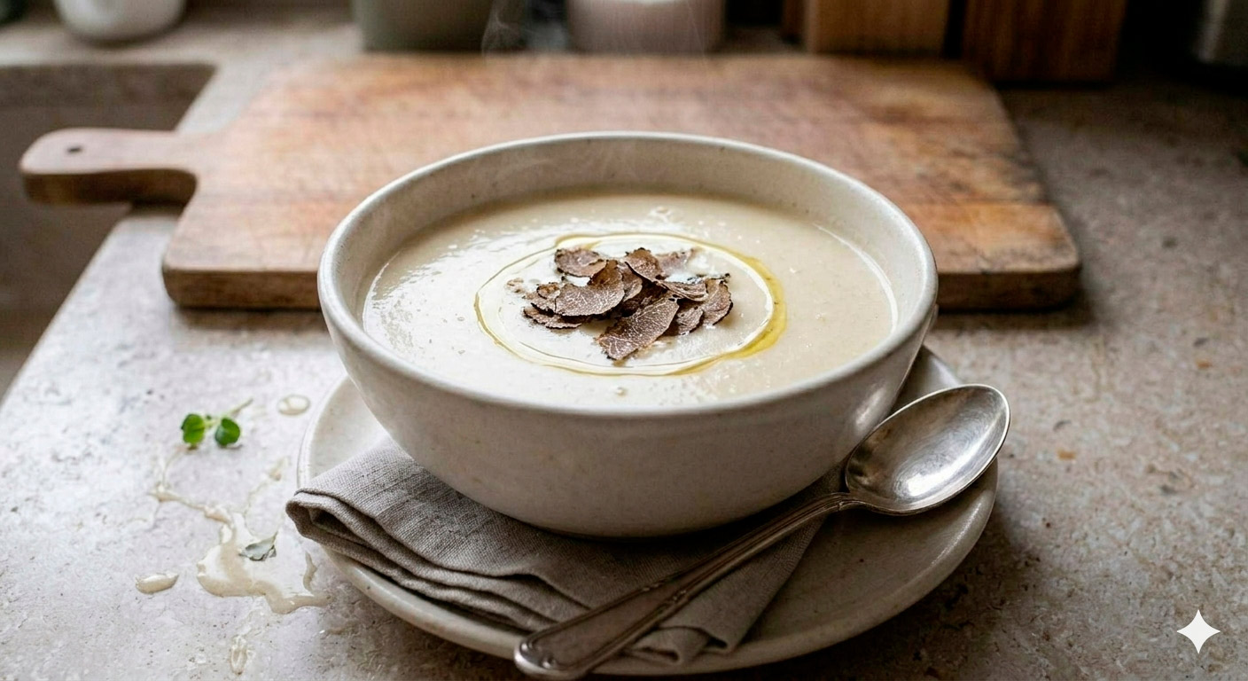 Crema de espárragos blancos servida en un tazón de cerámica artesanal, decorada con láminas rústicas de trufa negra y un espiral de aceite dorado, acompañada de una cuchara de plata.
