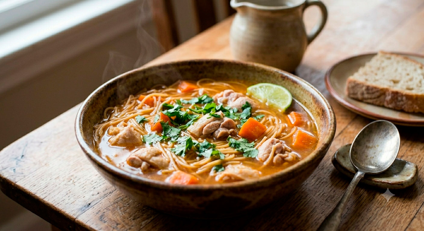 Un tazón de cerámica rústica lleno de sopa de fideos finos humeante en caldo de pollo dorado con trozos asimétricos de carne, cubos de zanahoria, cilantro fresco picado esparcido encima y una rodaja de limón al borde, colocado sobre una mesa de madera junto a una cuchara antigua y un plato con pan.