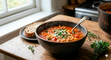 Un tazón de cerámica rústica lleno de sopa minestrone caliente con queso parmesano rallado y perejil fresco, servido junto a una rebanada de pan de masa madre sobre una mesa de madera.