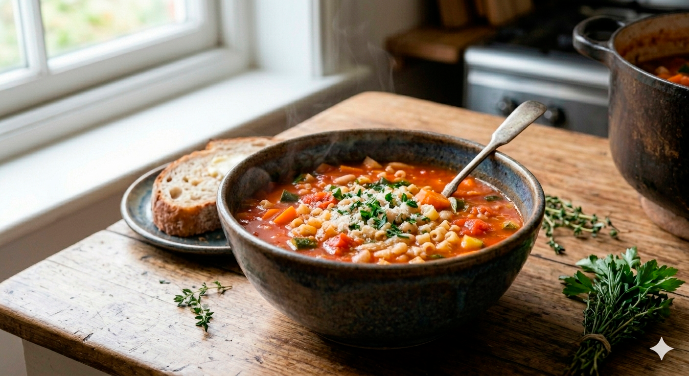 Un tazón de cerámica rústica lleno de sopa minestrone caliente con queso parmesano rallado y perejil fresco, servido junto a una rebanada de pan de masa madre sobre una mesa de madera.