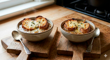 Two rustic ceramic bowls identical to the ones in the previous image, filled with French onion soup, now perfectly gratinéed. The surface is covered by a dark golden-brown melted Gruyère cheese crust, featuring bubbles and irregularly toasted areas. The rustic, irregular bread slices are visible beneath the cheese crust. A few fresh thyme leaves are scattered over the cheese. The bowls rest on small rustic wooden serving planks, each with a vintage silver spoon beside it. The background shows the kitchen out of focus. Steam gently rises.