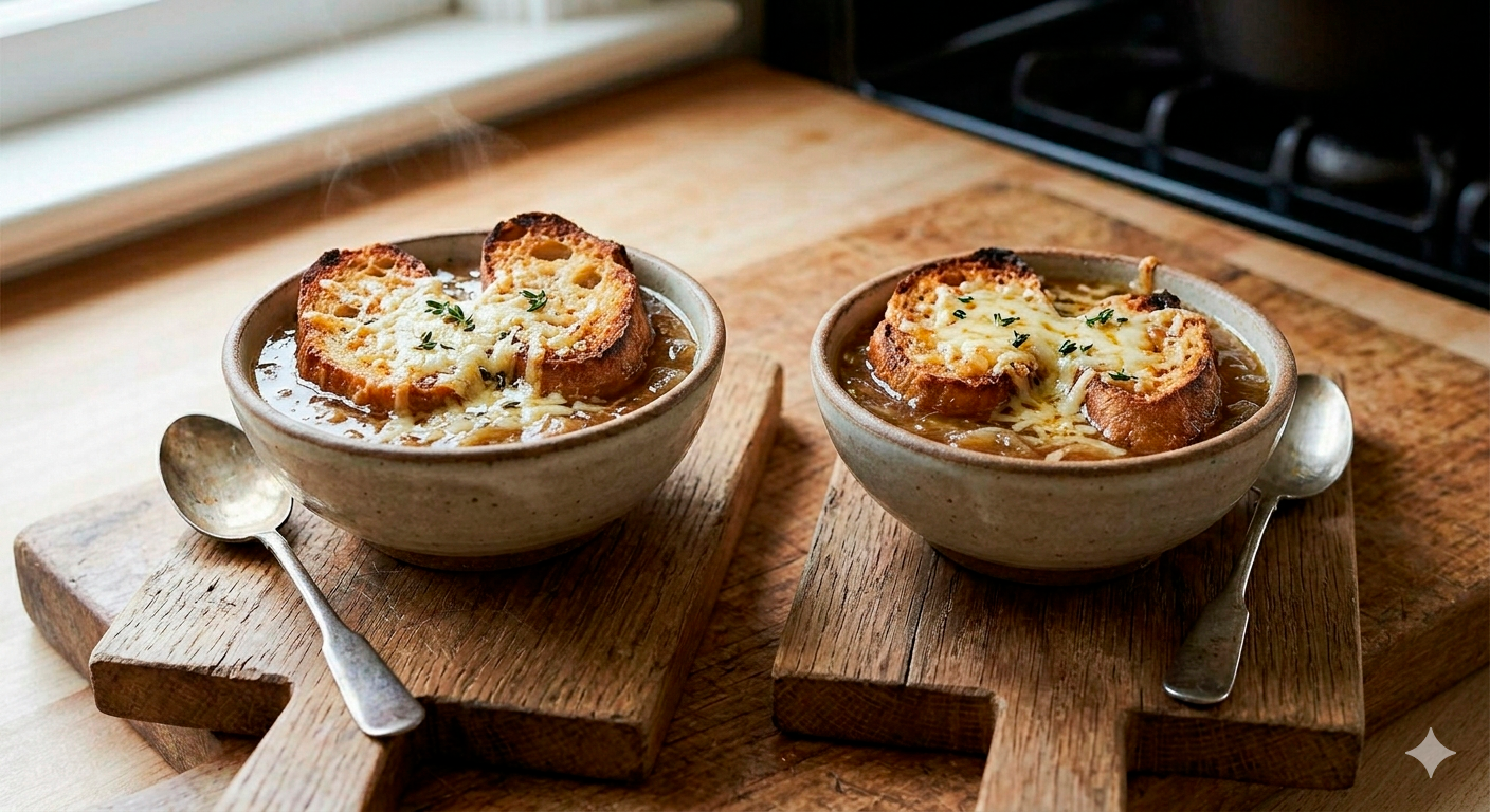 Two rustic ceramic bowls identical to the ones in the previous image, filled with French onion soup, now perfectly gratinéed. The surface is covered by a dark golden-brown melted Gruyère cheese crust, featuring bubbles and irregularly toasted areas. The rustic, irregular bread slices are visible beneath the cheese crust. A few fresh thyme leaves are scattered over the cheese. The bowls rest on small rustic wooden serving planks, each with a vintage silver spoon beside it. The background shows the kitchen out of focus. Steam gently rises.