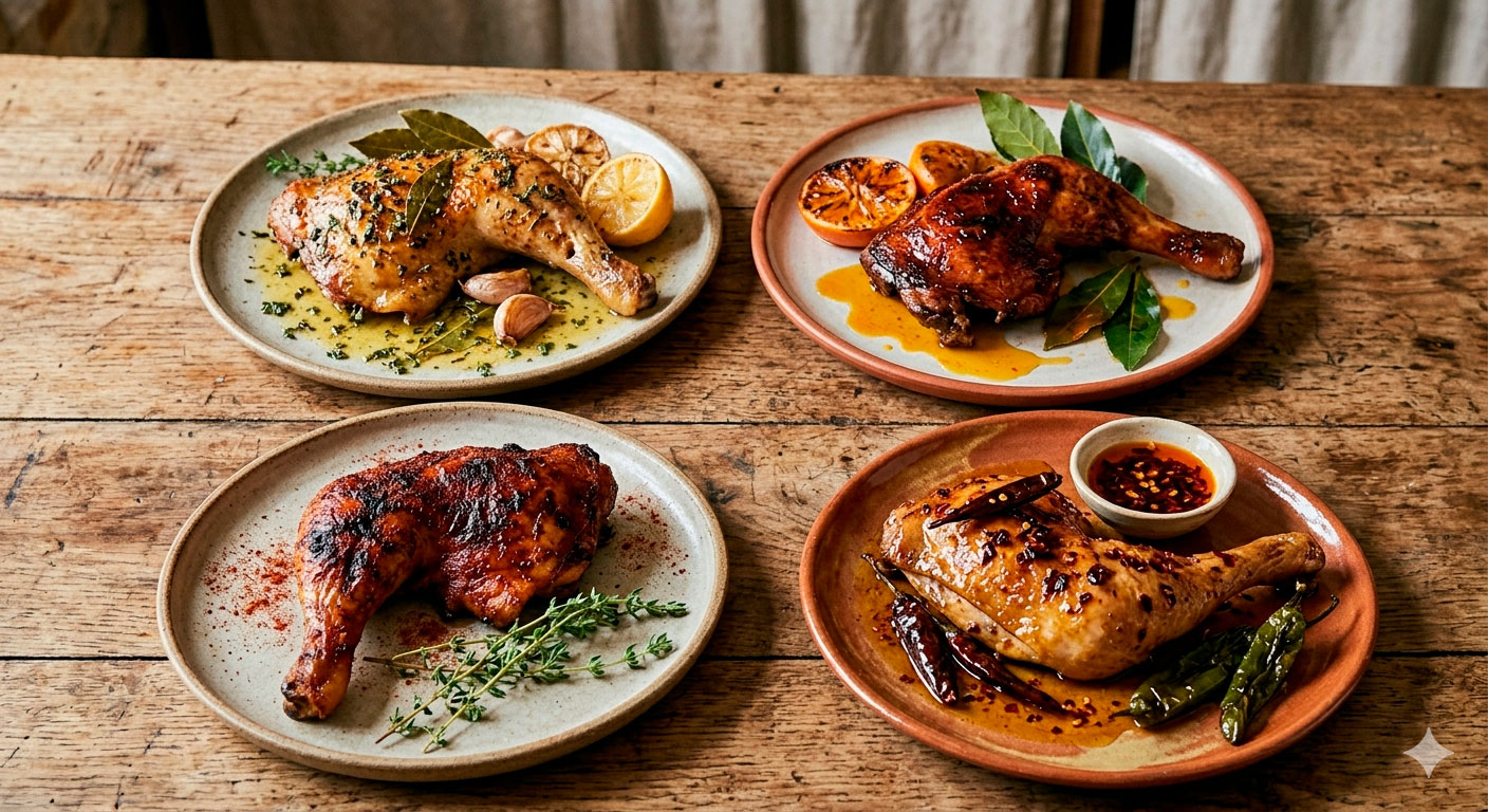 Diferentes variaciones y versiones del pollo asado con mantequilla de hierbas