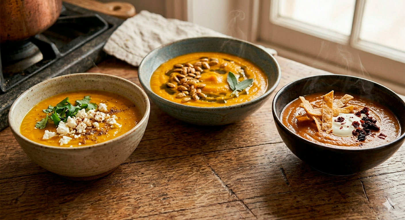 Tres variaciones creativas e irresistibles de crema de calabaza de Castilla con pepitas tostadas