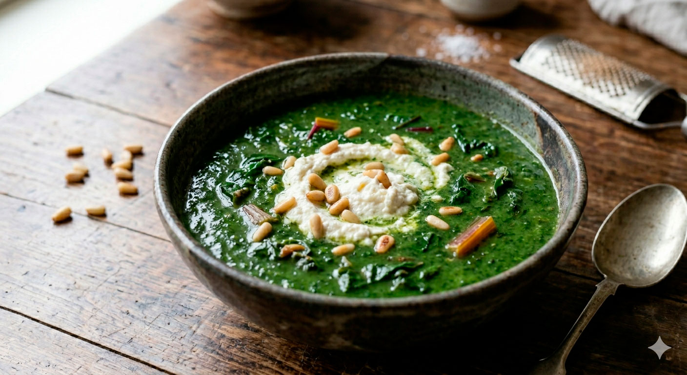 Diferentes variaciones de la sopa de espinacas y ricota con acelgas y kale como sustitutos