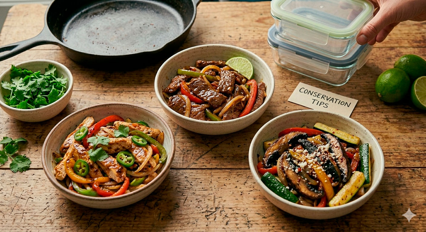 Diferentes variaciones y versiones de fajitas de res con salsa inglesa: vegetariana, picante y mar y tierra