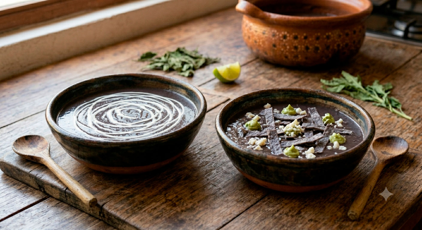 diferentes variaciones y formas de presentar la crema de frijol negro con hilos de crema agria