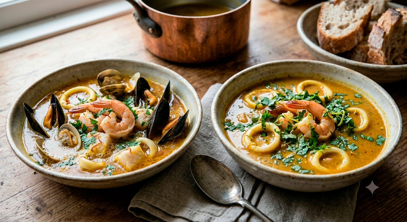Diferentes variaciones irresistibles de la sopa de mariscos tradicional con azafrán