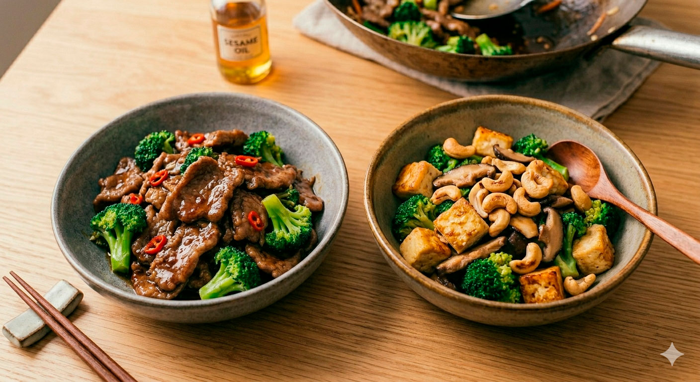 Diferentes variaciones y versiones del salteado: ternera picante vs vegetariana con tofu