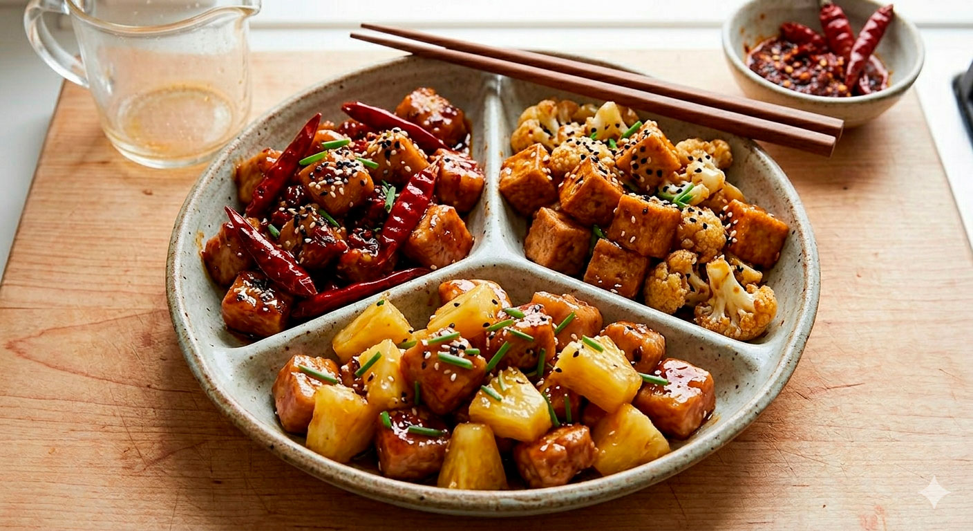 Variaciones del Pollo a la Naranja: versión Szechuan, vegetariana con tofu y tropical con piña
